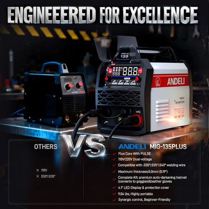 ANDELI 135A MIG Welder 110V/220V, PULSE Flux Core MIG/Lift Tig/Stick 3-in-1 Gasless MIG Welding Machine with Synergy，Large LED Display,2T/4T Full Kit (Bonus Welding Helmet & Gloves)