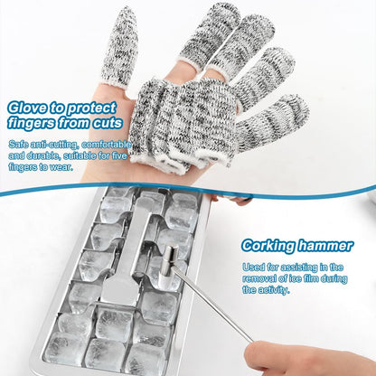 Stainless Steel Ice Cubes Tray With Ice-Clips,Hammer,10 anti-cut Finger Cots,(11", 18 cubes) Metal Ice-Tray with Release Lever Remove Handle for Making Various Ice-Cubes(silver,Size:11inch)