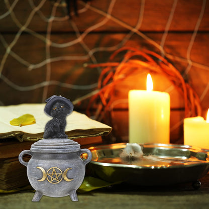 Pacific Giftware Black Cat with Witch Hat Sitting on Cauldron Box, Polyresin Jewelry or Coin Holder, 3.93 Inches x 3.14 Inches x 5.5 Inches