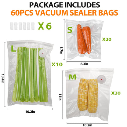 60 PCS Vacuum Sealer Bags for Food, BPA-Free Reusable Vacuum Zipper Bags with Upgraded Air Valve, Sous Vide & Meal Prep Vacuum Storage Bags, Compatible with Handheld & External Vacuum Sealer Machines