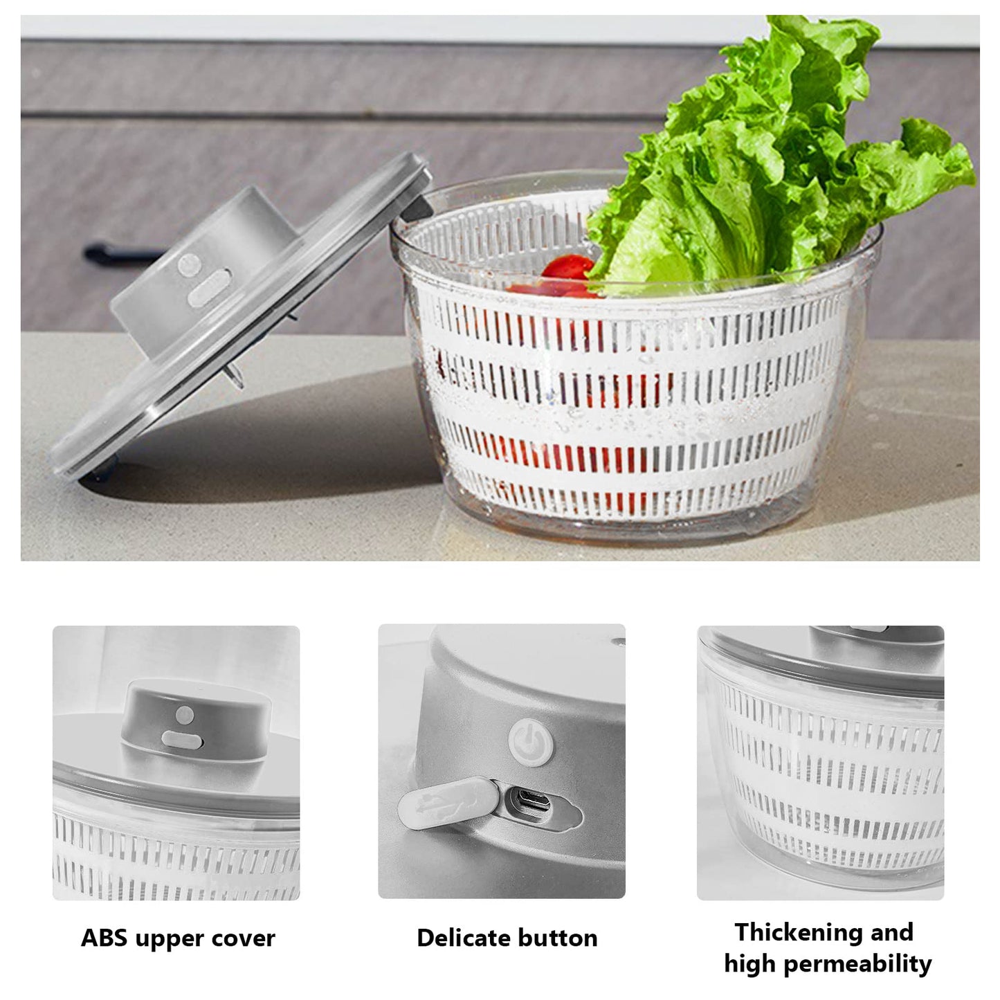 Vegetables Washer Dryer,4L Large Capacity Fruit Vegetable Strainer Spinner,USB Electric Salad Lettuce Spinner,Automatic Compact Salad Cleaner and Dryer for Home Kitchen(White)