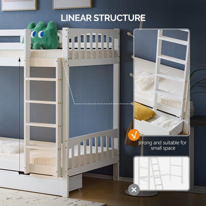 VINGLI Bunk Bed Twin Over Twin with 2 Storage Drawers/RGB LED/Charging Station, Solid Wood Bunk Bed Frame with 15 inches High Safety Guardrail and Ladders for Kids, White