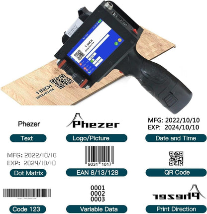 Phezer P16-1 Handheld Inkjet Printer, Printing Height 1 Inch with 72ml Solvent Ink Cartridge, Portable Intelligent Coding Machine for Expiry Date/Time/Barcode/QR Code/Logo (Metal Body)