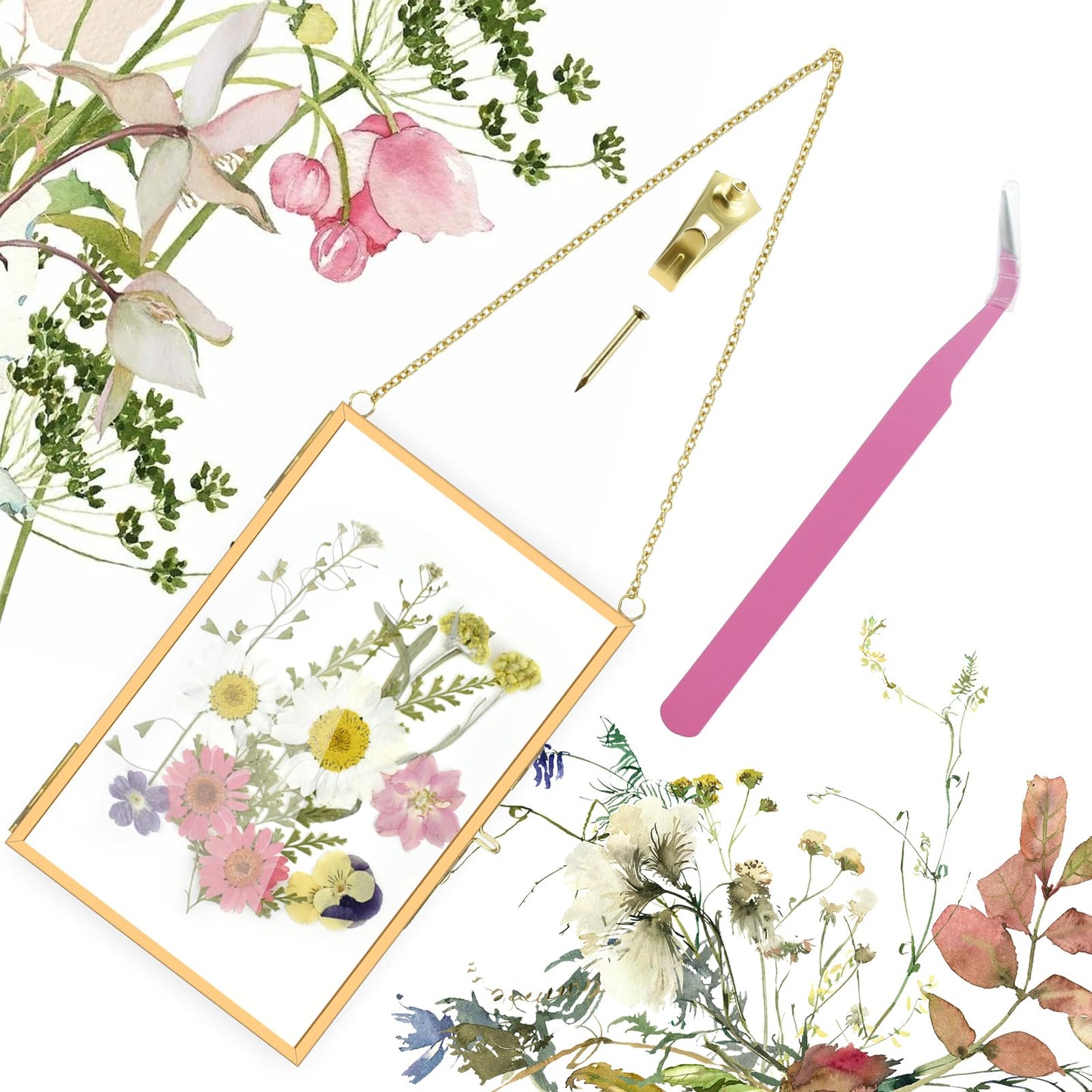 Pressed Flower Frames with Hanger & Tweezer & Dried Flowers, 4 x 6 Inch Wall Double Glass Floating Hanging Picture Photo Frame with Chain for Wall Decor and Display, Hanging Picture or Artwork (Gold)
