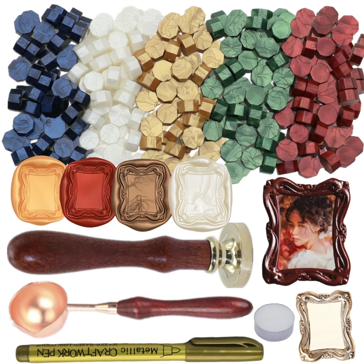 3D Embossed Frame Wax Seal Stamp, Frame Relief Carving Sealing Stamp Set with 150Pcs Red Green Gold White Sealing Wax Beads in 5 Color, Melt Spoon Pen Kit for Wedding and Christmas (KM09)