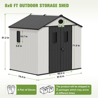 COOS BAY 8x6 Outdoor Storage Shed with Floor, Lockable Doors, All-Weather Resin Garden Tool Shed, White/Gray