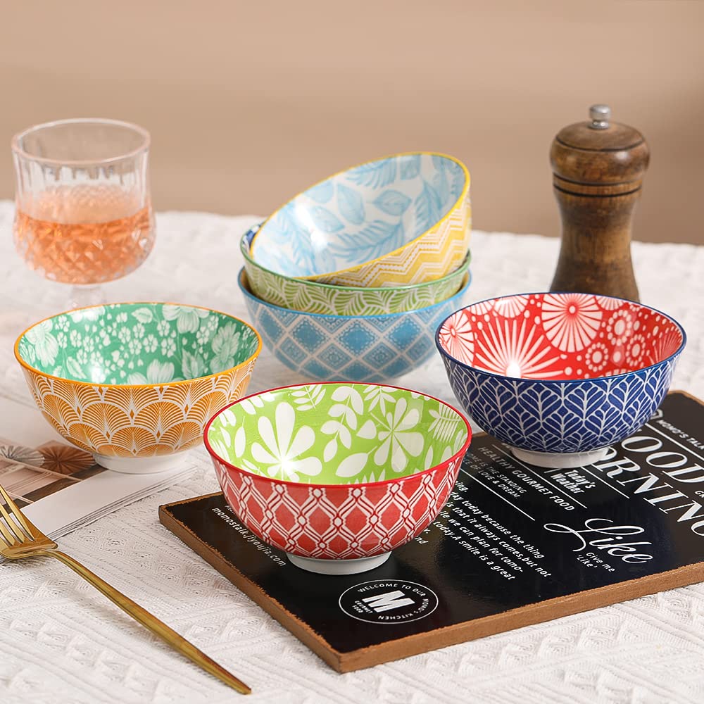 Dessert Bowls Set of 6 - Small Ceramic Bowls for Ice Cream, Snack, Rice - Colorful Cute Style - Microwave and Dishwasher Safe - 4.75 Inch - 10 oz