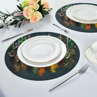 Autumn Herbs Spices Round Placemats Set for 4, Easy to Clean Table Mats for Kitchen Home Party Decor 15 inch