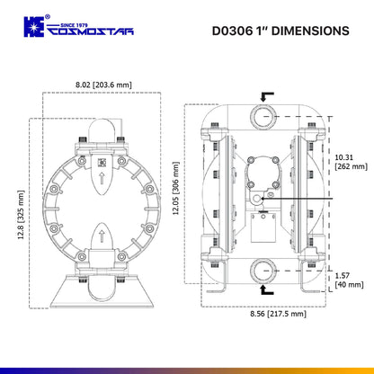 COSMOSTAR D0306 1" Stainless Steel Double Air Diaphragm Pump, Aluminum Body, Teflon Ball, seat and Diaphragm, Pump Muffler, Pump, Chemical Pump, Waste Oil Pump, Pneumatic Oil Pump, Diaphragm Pumps