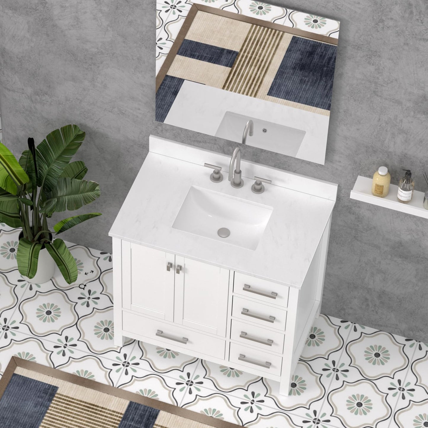 36"x22" Vanity Top with Sink, Quartz Bathroom Vanity Top with Rectangular Undermount Middle Ceramic Sink with 8 Inch Faucet Holes, Spread with One 4" Height Backsplash in Cirrus White