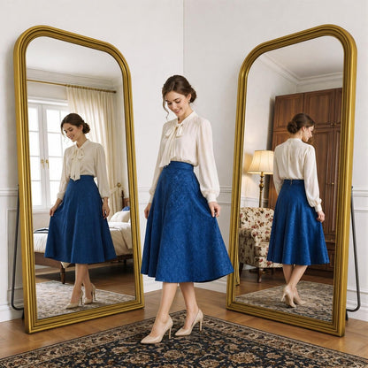FlyEcho Full Length Mirror with Stand, 71"x32" Full Body Mirror, Floor Length Mirrors Wall Mounted with Rounded Top, Large Standing Mirrors, PU Frame, for Bedroom Living Room Cloakroom, Antique Gold