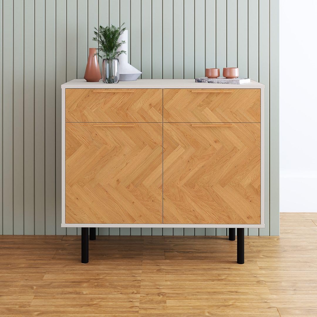 Manhattan Comfort Liam 35 Inch Mid Century Modern Accent Cabinet with 2 Drawers & 2 Soft Close Doors with Scratch Resistant Finish, Versatile Storage Console, White/Wood Print