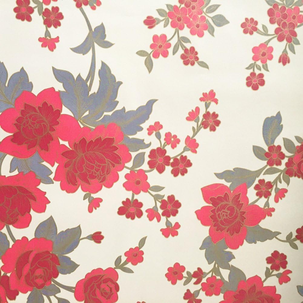 Vintage Floral Adhesive Paper Vinyl Shelf Liner, Peel Stick Dresser Drawer Sticker, 17.7inch by 118inch (Red)