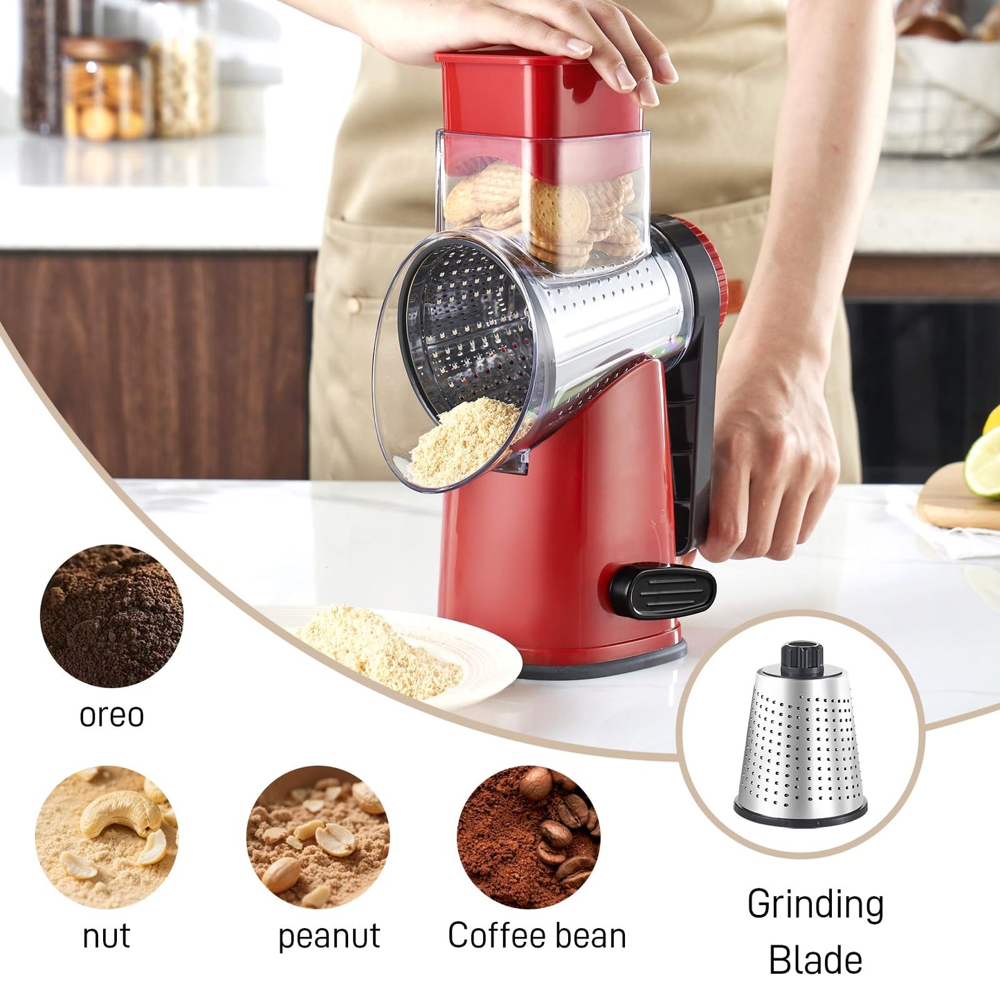 Weltonhm Rotary Cheese Graters with 4 Blades, Large Hand Crank Cheese Grater with Waffle Slicer, Red Cheese Shredder with Suction Base, Easier for Shredding & Grating (Red and black, 4 Graters)