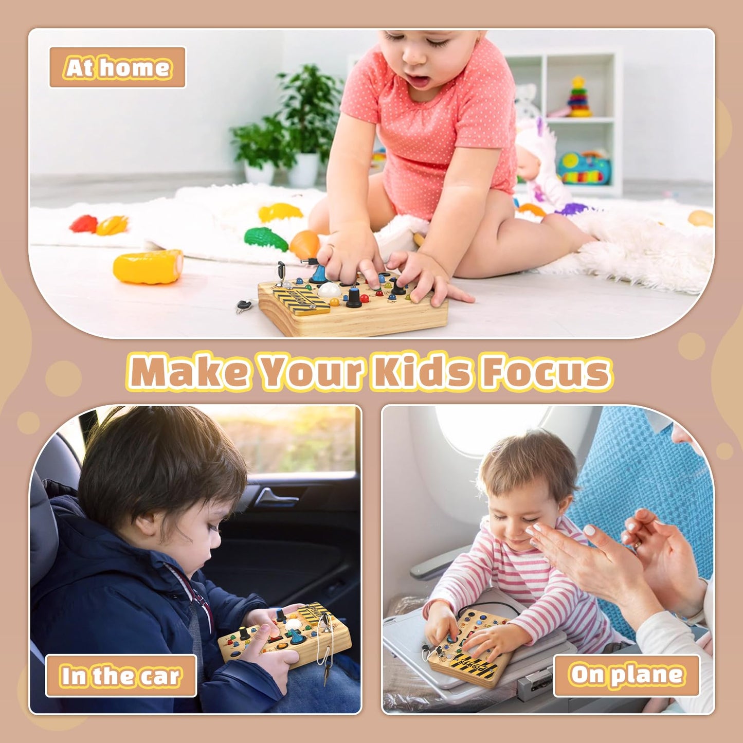 Joyreal Montessori Busy Board Wooden Sensory Toys for Toddler with LED Light Up Switch, Baby Fidget Board Travel Toys for 18+ Months, 1 2 3 Year Old Boys Girls Toddler Toy Gifts (Classic)