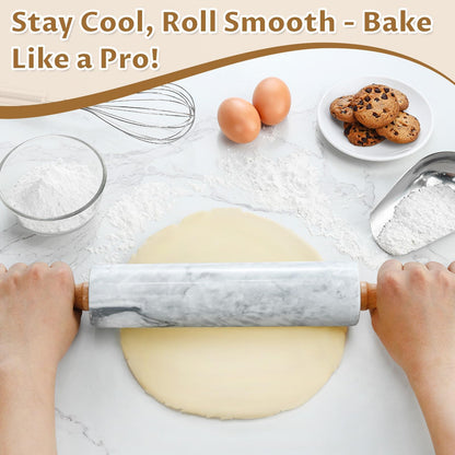 Gymdin Marble Rolling Pin - 18.9" Marble Rolling Pins for Baking, Pastry, Pizza Dough & More - Polished Non-Stick Surface, Long Dough Roller with Wooden Handles & Base