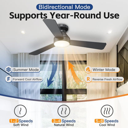 Ceiling Fans with Lights, 42 Inch Ceiling Fan with Light And Remote, 3CCT Flush Moun Low Profile Ceiling Fans, 6 Speed Noiseless LED Ceiling Fan, Black Ceilings Fan with Remote for Bedroom Living Room