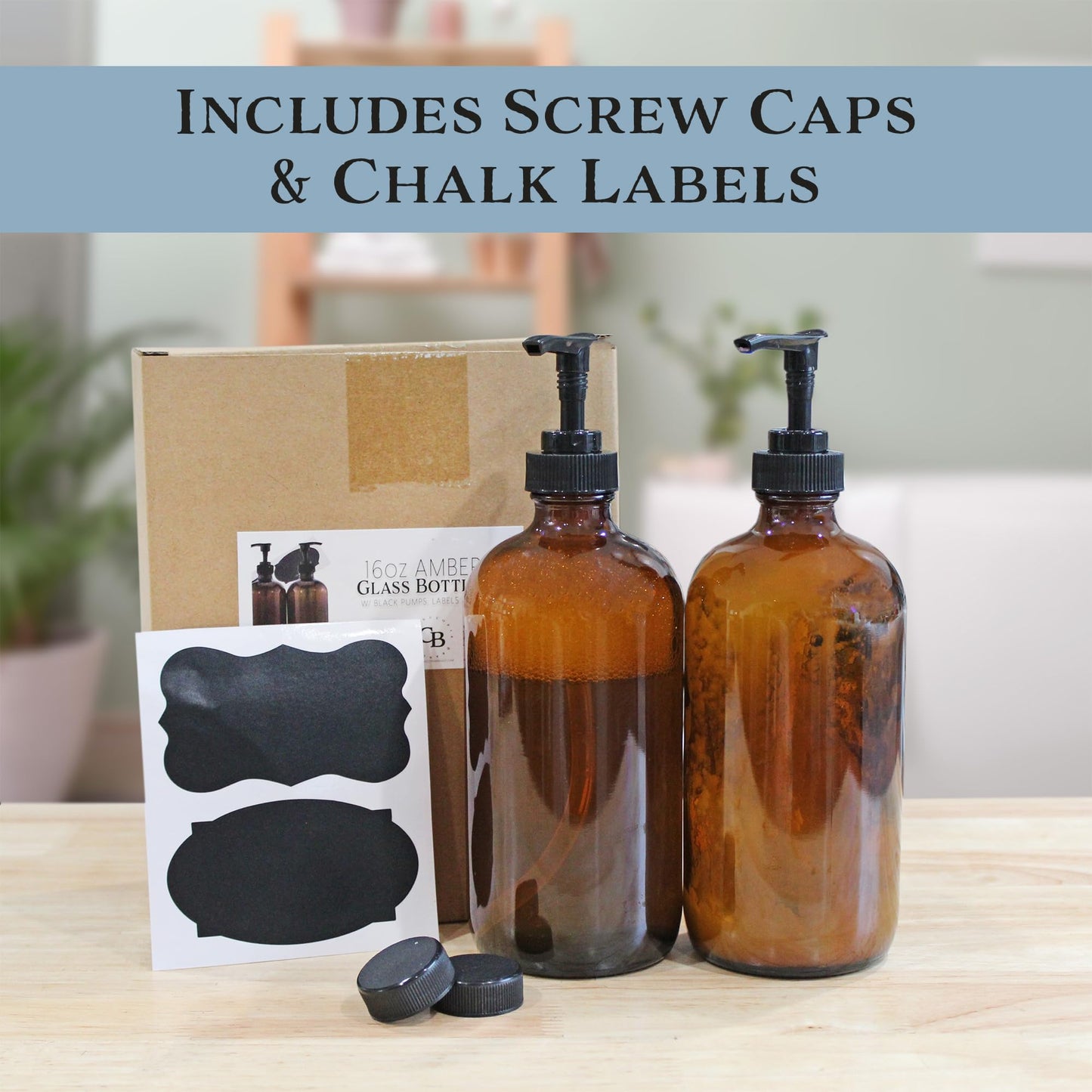 Cornucopia Brands 16oz Amber Glass Bottles w/ Pump Dispensers (2-Pack); Refillable Lotion Liquid Soap Pump Brown Bottles Labels, BPA-Free Plastic Tops