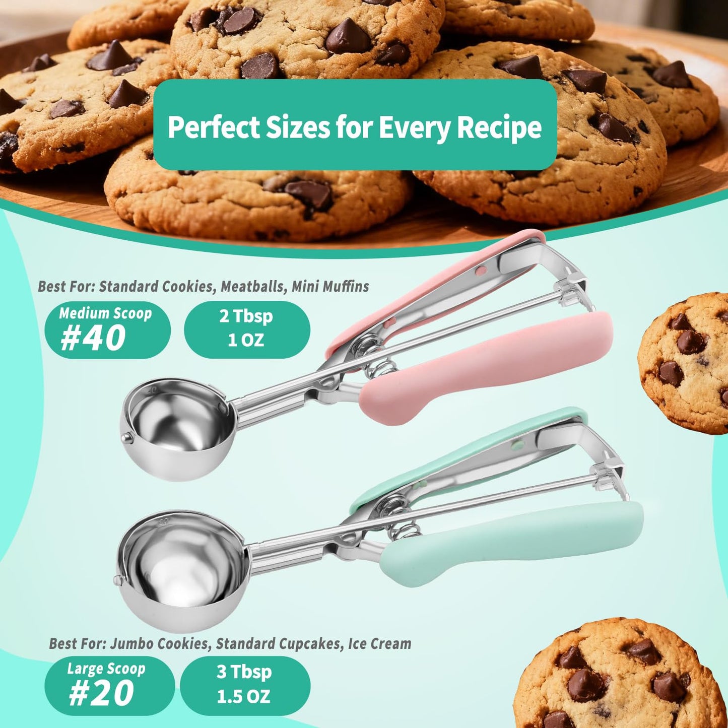 Cookie Scoops for Baking Set of 2, 18/8 Stainless Steel Ice Cream Scoop Set with Ergonomic Soft Grip, Spring Trigger Release Cookie Dough Scooper for Cupcakes, Muffins, Meatballs - Pink & Mint Green