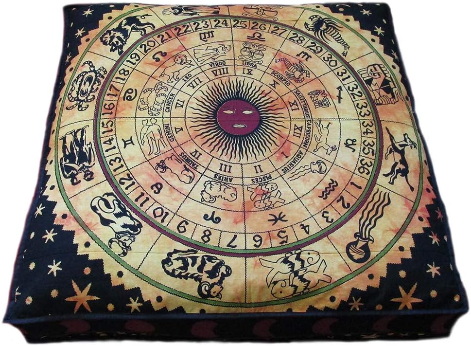 24" ICC Yellow Zodiac Mandala Barmeri Large Floor Pillow Cover Cushion Meditation Seating Ottoman Throw Cover Hippie