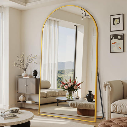 Suidia 86"x46" Arched Full Length Mirror with Stand, Full Body Mirror with Aluminum Frame, Freestanding/Leaning/Wall-Mounted, Floor Mirrors for Bedroom, Living Room, Entryway, Dressing Room, Gold