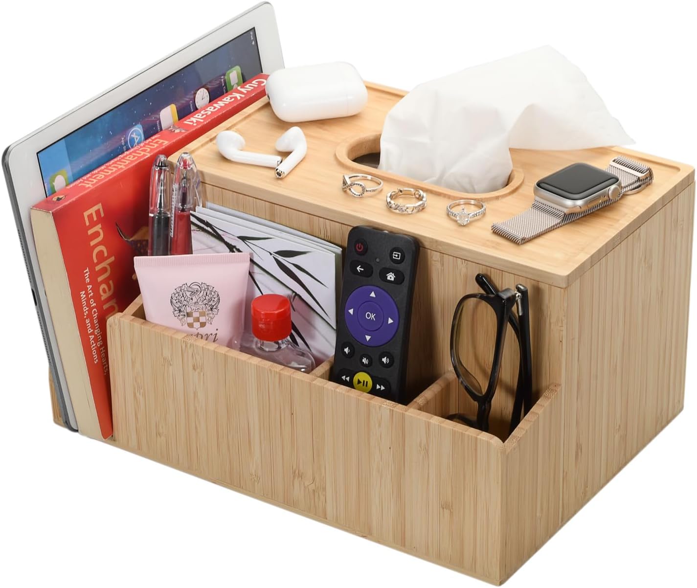 Bamboo Tissue Box Holder & Tablet Stand Organizer - Compartments for iPad, Phones, Remote Controls, Notepads, Pens