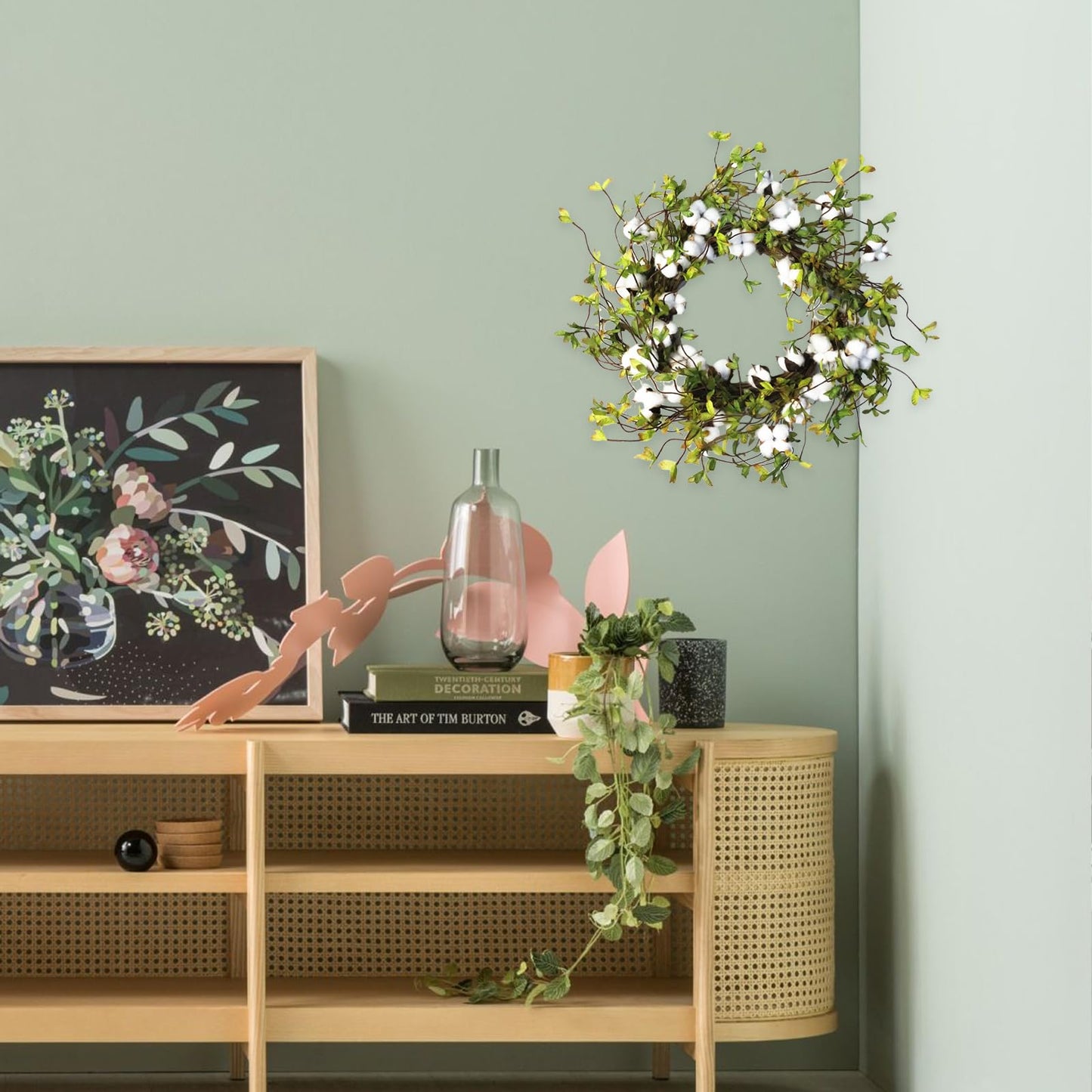idyllic Green Leaves and Cotton Wreath for Front Door, Artificial Wreath on a Natural Twig Base for Farmhouse, Garden, Wedding, Decor