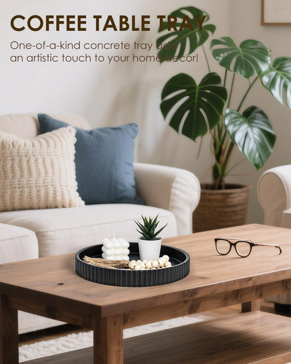 Baemin Concrete Coffee Table Tray, 11" Decorative Tray for Home Decor, Sturdy Modern Centerpiece, Round Serving Tray with Fluted Edge, Black