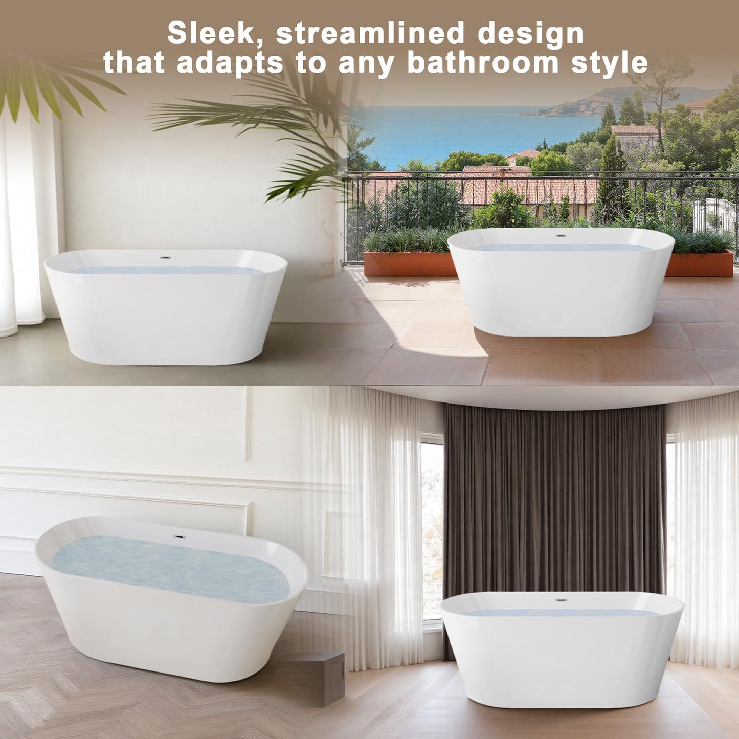 Zavdte 59'' Freestanding Acrylic Bathtub, Gloss White Stand Alone Soaking Tub with Toe-tap Chrome Drain, Double-Wall Insulation, CUPC Certified, Easy Install & Spacious Design