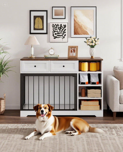 Garvee 47 in Dog Crate Furniture with 2 Storage Drawers, 4 Deep Shelves, Farmhouse Extra Large Wooden Dogs Cage End Table, Multi-Functional Indoor Dog Kennel for Large Medium Dogs