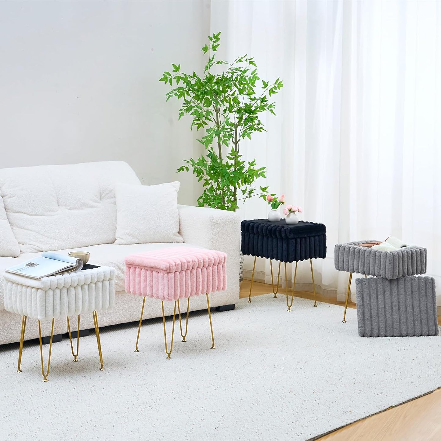 16.5" 11.8" 18" Wimarsbon Storage Ottoman, Vanity Stools with Metal Legs, x x Modern Faux Mink Fur Footstool, Makeup