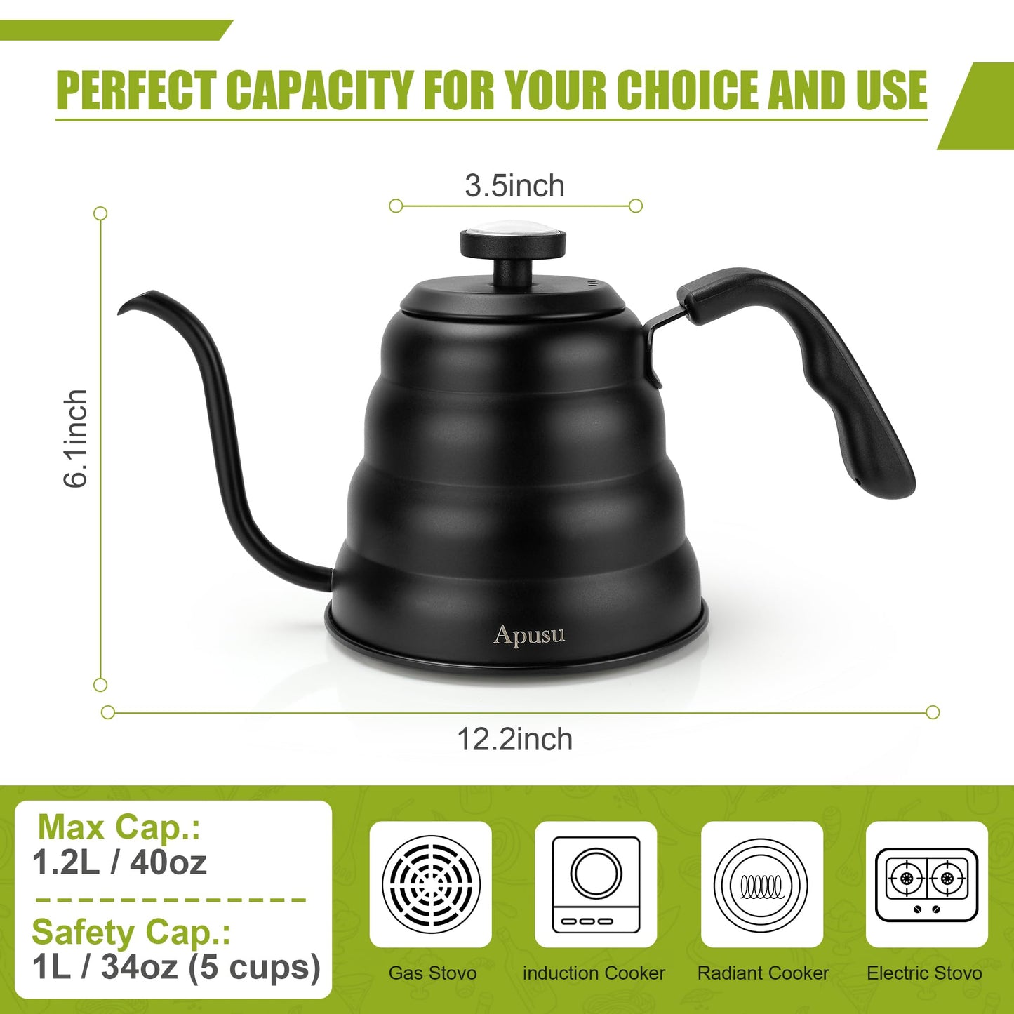 Tea Kettle with Thermometer Pot Black Stovetop Tea Kettle 40oz Gooseneck Kettle Teapot Pour Over Coffee Kettle with Thermometer,1200ml,5 Cup,Black,1Pack