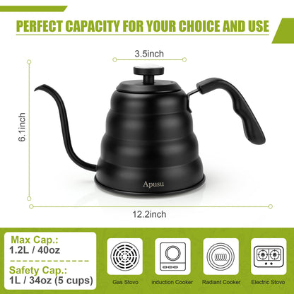 Tea Kettle with Thermometer Pot Black Stovetop Tea Kettle 40oz Gooseneck Kettle Teapot Pour Over Coffee Kettle with Thermometer,1200ml,5 Cup,Black,1Pack