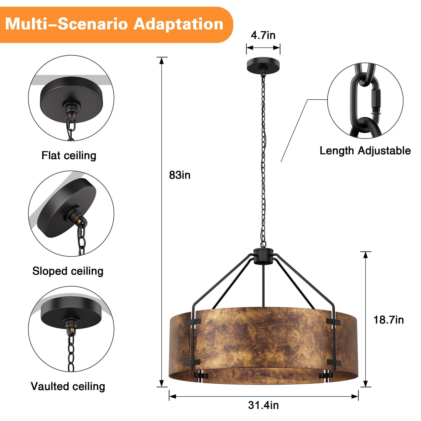 Espird Farmhouse Drum Chandelier, 6-Light, 30in Pendant Light Fixture with Chain, Kitchen Island Pendant Over Table, Rustic Industrial Chandelier for Dining Room, Bedroom, Living Room, Foyer