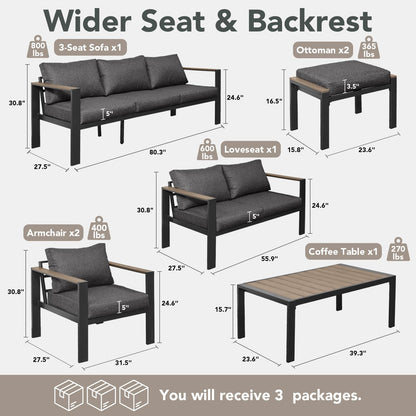 SAILARY Outdoor Patio Furniture Set 7 Pieces Luxury Aluminum Patio Conversation Set with Coffee Table and 2 Ottoman 9 Seats, Thick Cushions, Large Sectional Sofa for Porch, Balcony, Deck, Dark Gray