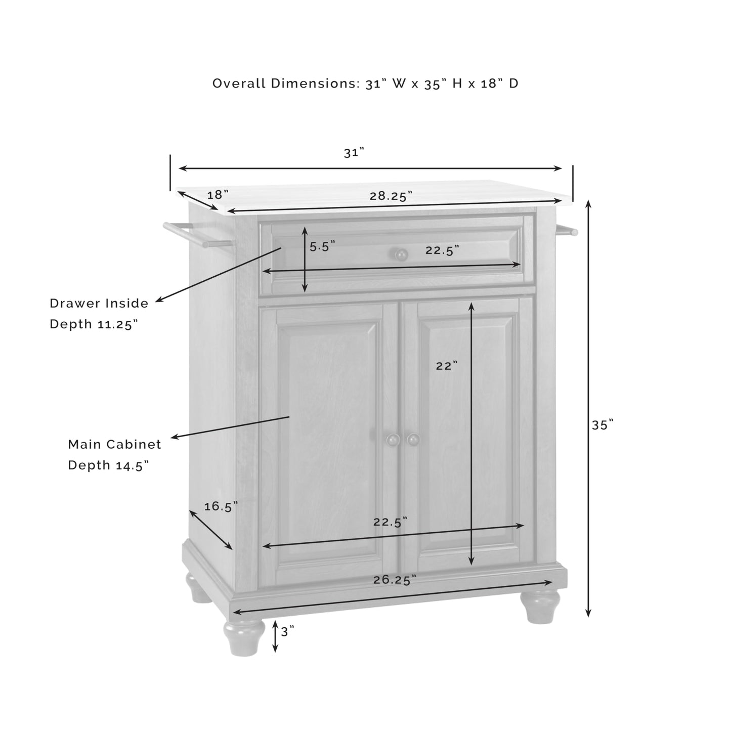 Crosley Furniture Cambridge Granite Top Small Portable Rolling Kitchen Island Storage Cart, Microwave Stand, White