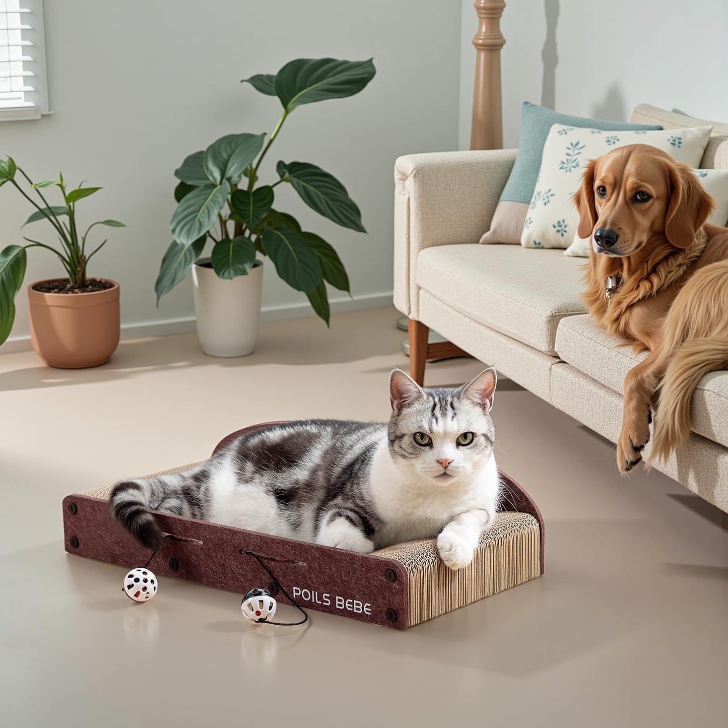 Poils Bebe 21 Inch Sofa Cat Scratcher, Small Cat Scratcher Cardboard with Bell Balls, Durable Couch Lounger for Indoor Cats, Cat Scratch Furniture Protector with Catnip, Cat Toys