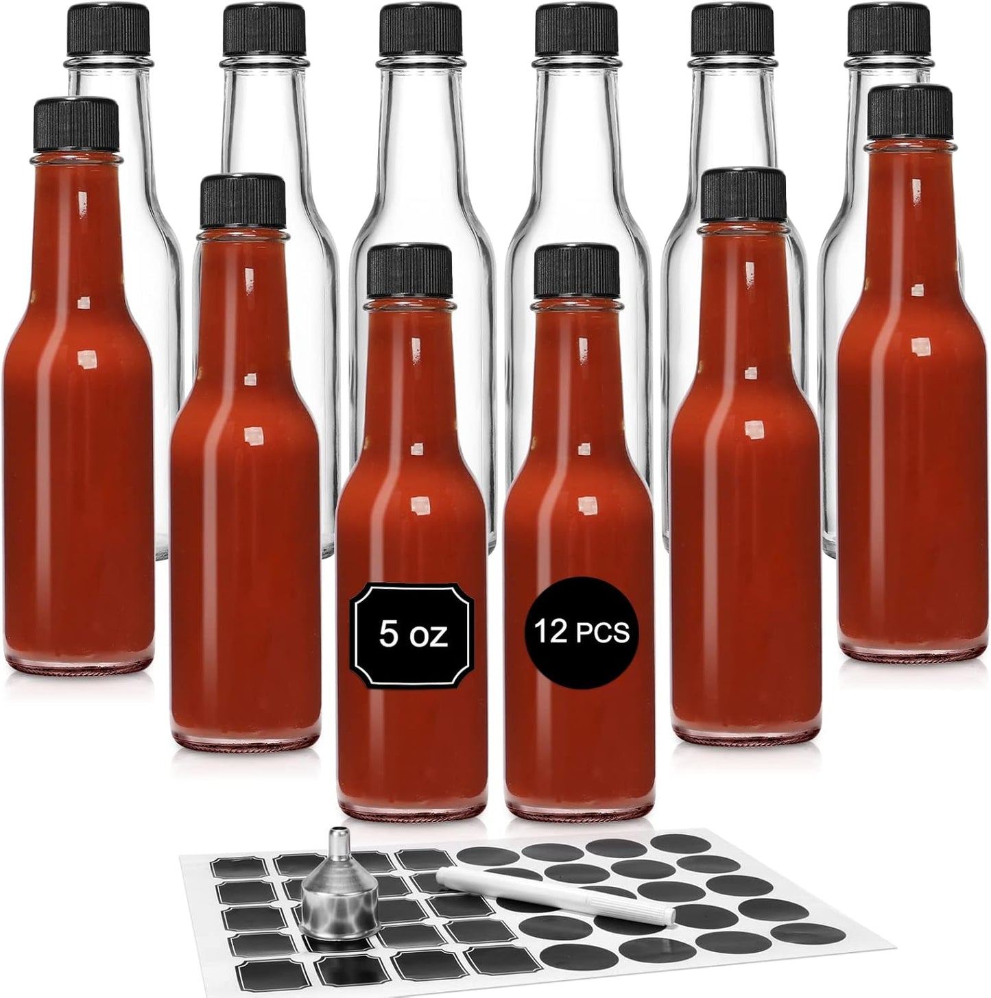 12 5 oz/ 150 ml pcs Hot Sauce Glass Bottles with Leak Proof Screw Cap,Orifice Reducer Dripper Insert, Clear Oil Bottle