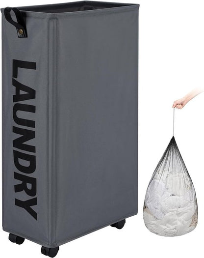 DOKEHOM Slim Laundry Basket - 27.5-Inch Rolling Hamper with Removable Wash Bag | Grey Foldable Storage Solution