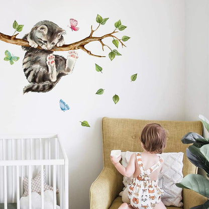 Yovkky Cat on Tree Branches Wall Decals Stickers, Kitty Animal Nursery Decor, Green Leaves Baby Kids Bedroom Home Decorations Art