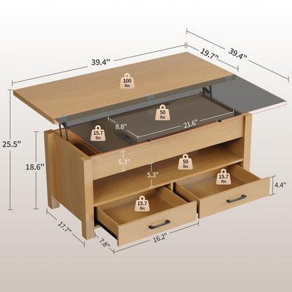 Garvee 40" Coffee Table Lift Top, Multi-Function Convertible Coffee Table with Drawers and Hidden Compartment, Converts to Dining Table for Living Room, Raw Wood