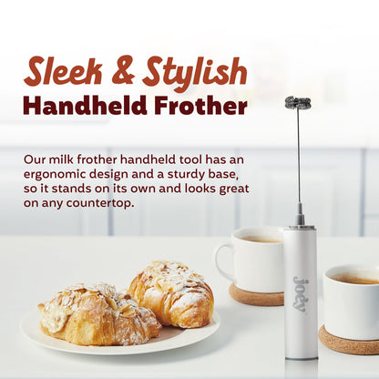 Joe'y Electric Milk Frother, USB Rechargeable Handheld Mixer, Dual Speed Stainless Steel Frother Wand with Double Whisk for Coffee, Lattes, Matcha, Includes Travel Case, Coffee Bar Accessories, White