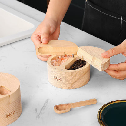 DGYLL Wooden Divided Salt Cellar With Lid And Spoon,Salt Box With 2 Compartment,Salt container with Magnetic Swivel lid, Beech Wood
