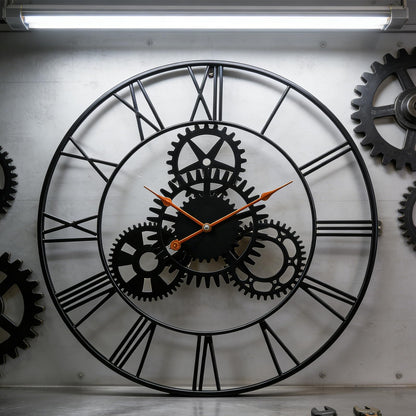 AMAATE Steampunk Wall Clock 32 Inch, Industrial Metal Gears with Roman Numerals, Retro Distressed Finish Mechanical Art for Bar, Living Room, Cafe Decor