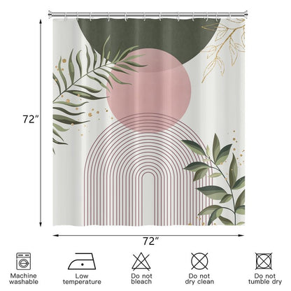 CRTPOD Boho Mid Century Shower Curtain, Pink Modern Minimalist Abstract Geometric Sage Green Gold Plant Leaves Bathroom Curtains Washable Waterproof Fabric Buthtub Curtain Set with Hooks 72" Wx72 L