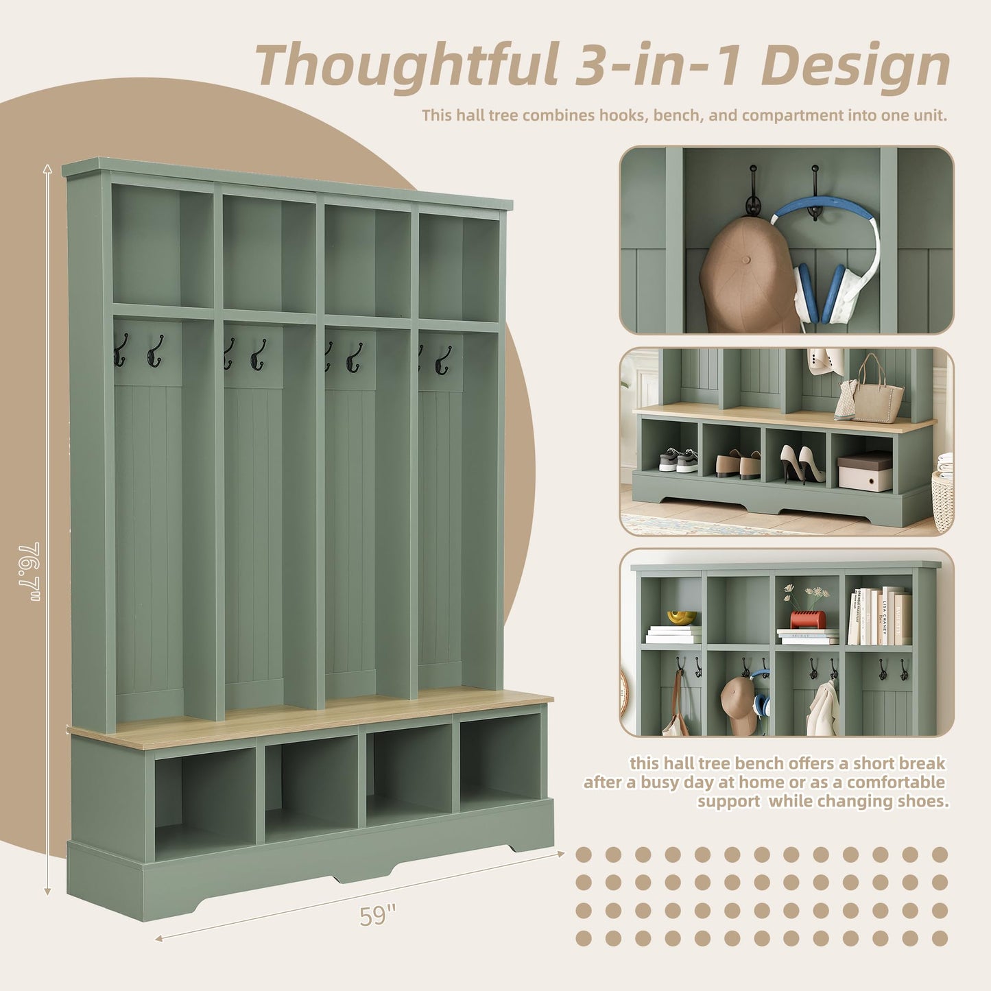 Merax Farmhouse Hall Tree with Bench and Shoe Storage, 59" Entryway Bench with Coat Rack, 3-in-1 Hall Tree with Top Compartments and 8 Hooks for Hallway, Living Room, Green