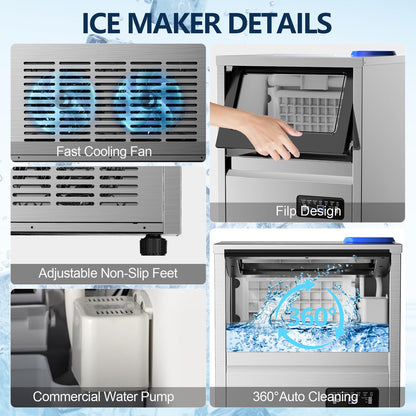 Commercial Ice Maker Machine, 150Lbs/24H with 45Lbs Storage, Fast Ice Making in 8-15Mins, Stainless Steel Under Counter or Freestanding Ice Machine for Home, Party, Office - 2 Water Inlet Modes