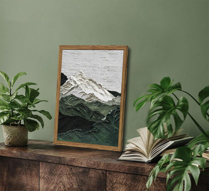 Framed 3D Textured Mountain Wall Art, Abstract Green Snow Mountain Landscape Wall Decor Paintings, Hand Drawn Sandstone Modern Aesthetic Home Decor Pictures for Living Room Bedroom Office 12x16 inch