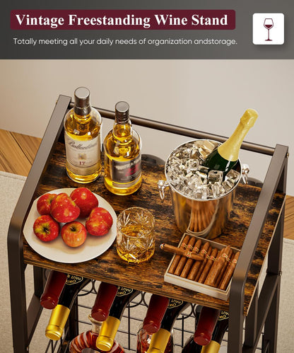 Ansionsol 3-Tier Wine Rack Freestanding Floor with Wood Top, Liquor Stand with Wine Bottle Holder, Corner Wine Bar Table for Small Space, Metal Whiskey Shlef for Kitchen, Cellar, Living Room, Black