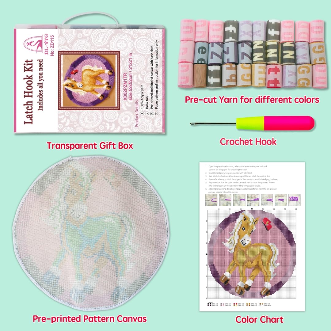 DL-YTG Latch Hook Kits Rug Pink Horse Crochet Yarn Cushion Colour Pre-Printed Canvas Cover Rug Needlework DIY Hook and Latch Kit Christmas Home Decoration 50x50cm/20 X20inch